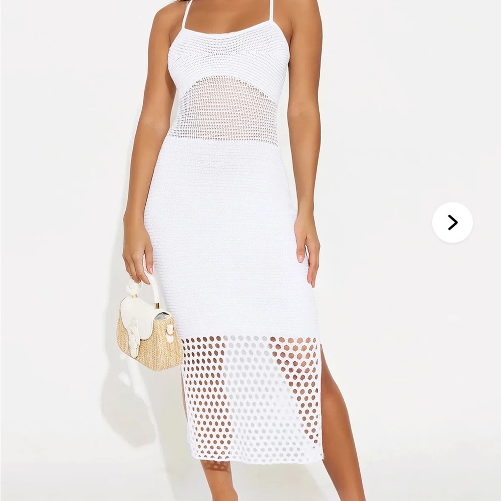 BRIDAL White Crochet Midi Dress with Mesh Panels